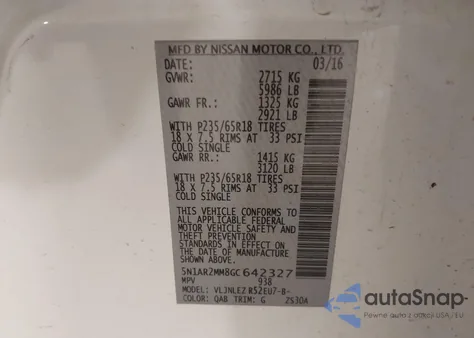 2016 Nissan Pathfinder Sv из США, поврежденный, VIN 5N1AR2MM8GC642327